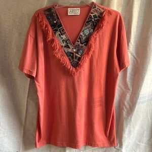 AREO vintage orange cotton poly top short sleeves southwestern design fringe L